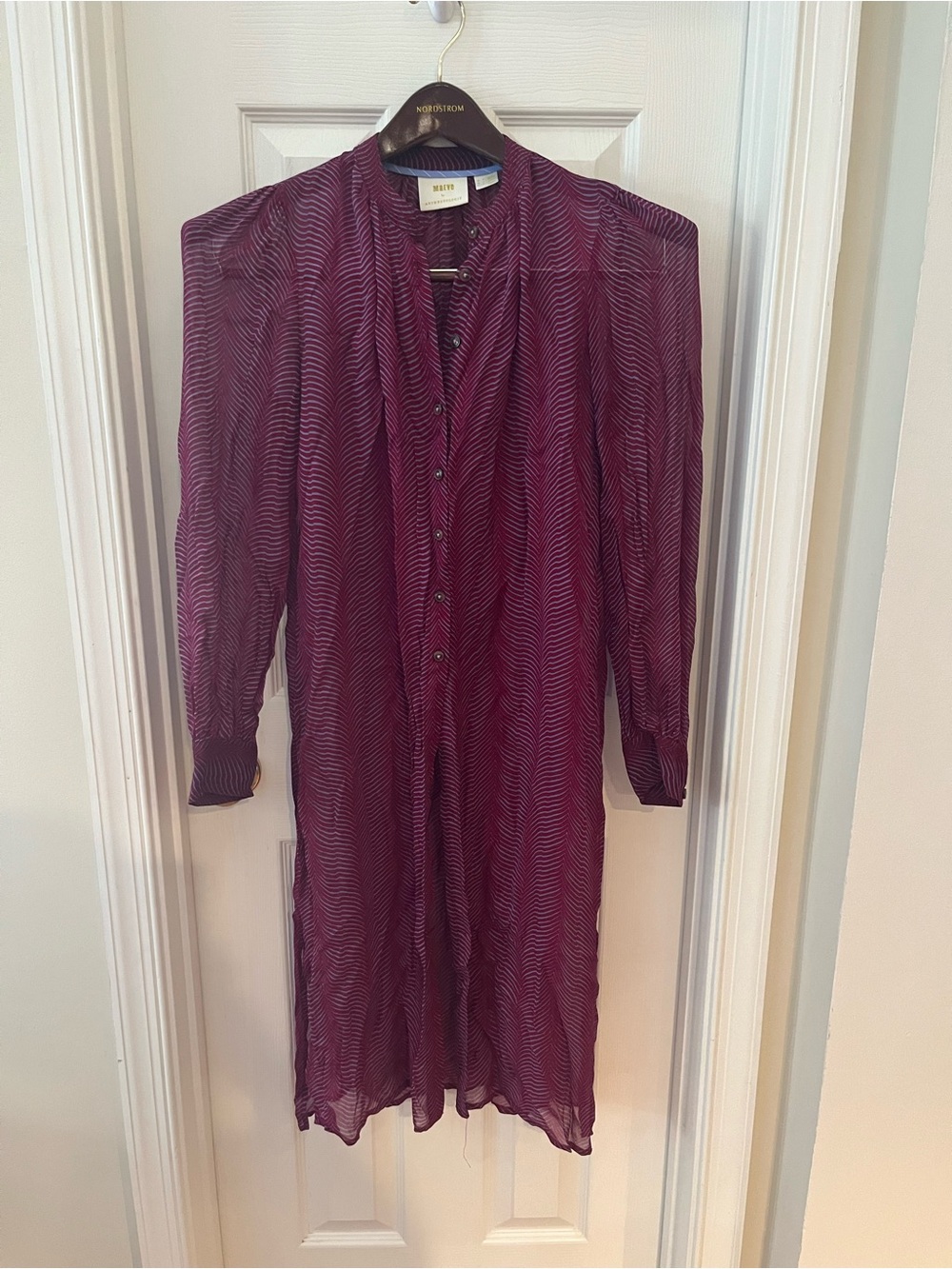 Anthropologie Plum Wavy-Print Long Sleeve Button Dress